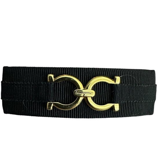 SALVATORE Ferragamo Navy & Gold Gancini Bow Hair Clip with Box - EUC - Picture 1 of 8